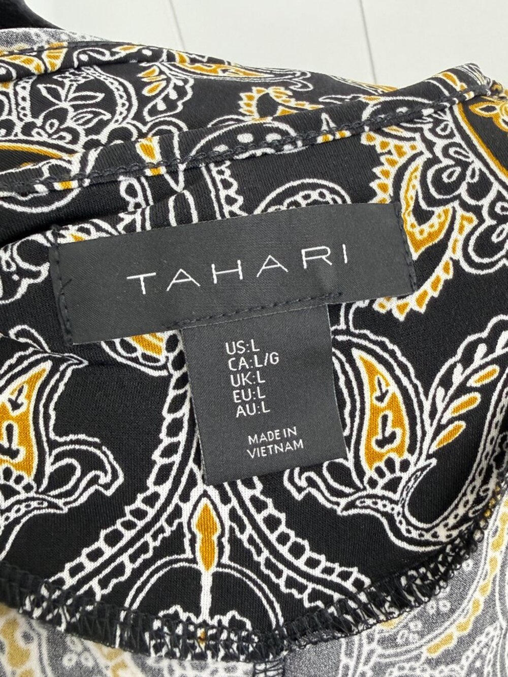 Tahari Paisley Sleeveless Dress Womens LG Black Gold Stretch Pocket Tank Dress - Picture 6 of 7